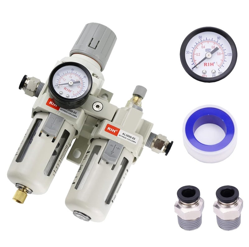 RIH Store Pneumatics 3/8" NPT Compressed Air Filter Regulator Lubricator Combo Water/Oil Trap Separator - Gauge(0-150 psi), Semi-Auto Drain, Poly Bowl,Bracket - 3 in 1 Two Unit (3/8" NPT) - Image 1